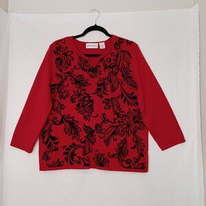 Women's Alfred Dunner Red‎ Sweater w/ Black Floral Designs & Black Beaded V-Neck